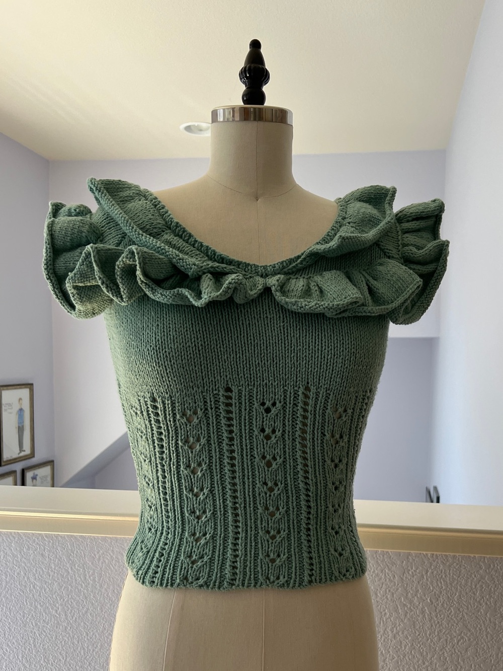 Hand Knit Sweater with Ruffled Neckline